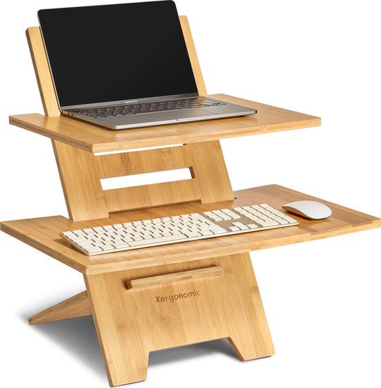 Xergonomic Sta Bureau – Standing desk – Laptopstandaard – Zit staand bureau in hoogte verstelbaar – Bamboe – Thuiswerken – Ergonomisch werken
