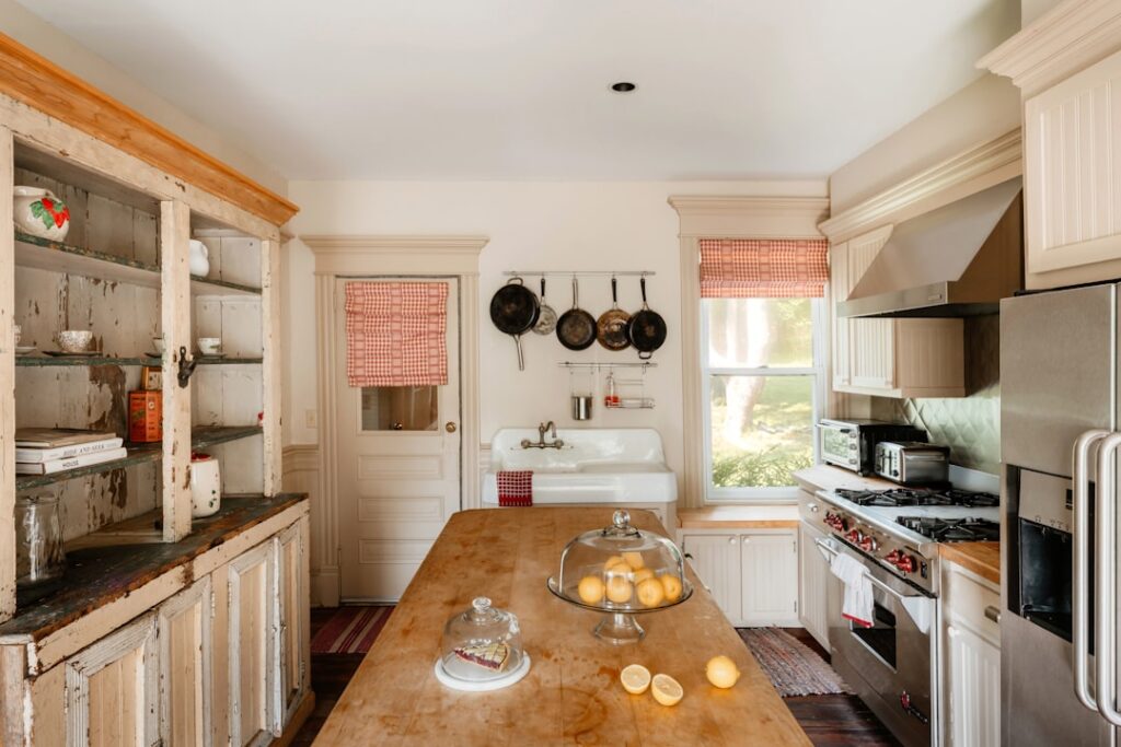 A charming, well-lit kitchen with rustic details.