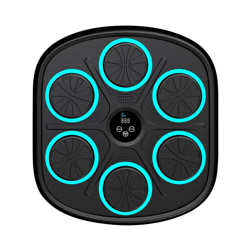 Zwarte Bluetooth boksmachine van Action met zes blauw verlichte raakvlakken en een leddisplay